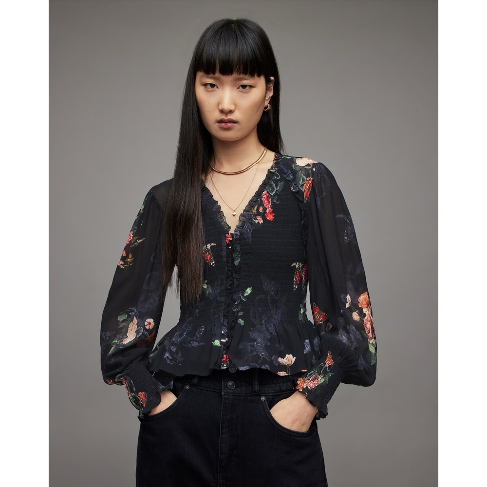 Allsaints US 8 Floral Scrunch Blouse Botantical Puff Sleeve Date Night V Neck